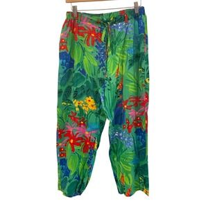 Jams World Sea Flower Pants Green Floral Tropical Elastic Waist Medium Colorful